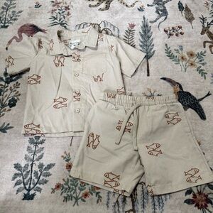 Kids Beige Fish Print Shirt and Shorts Set 4T